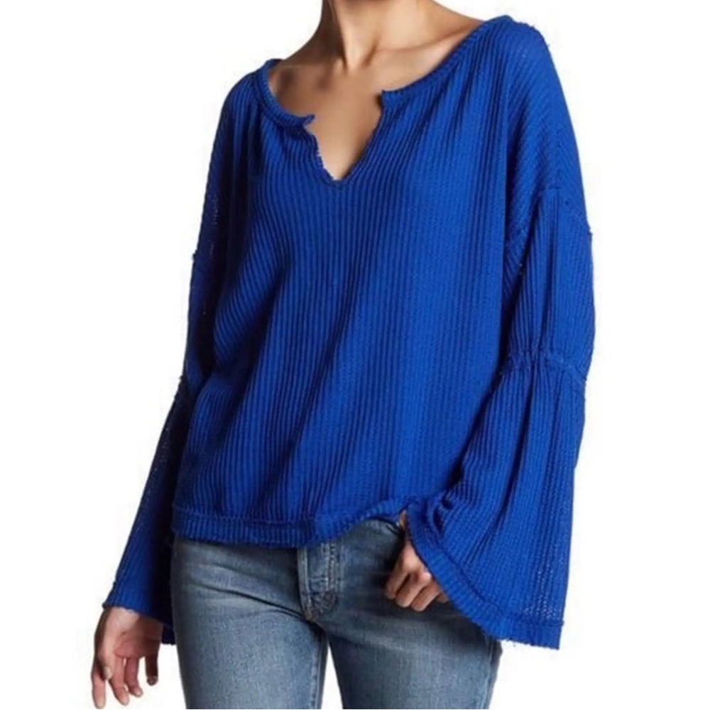 We The Free Dahlia Waffle Knit Top Sapphire Blue Flare Sleeve Large Oversized